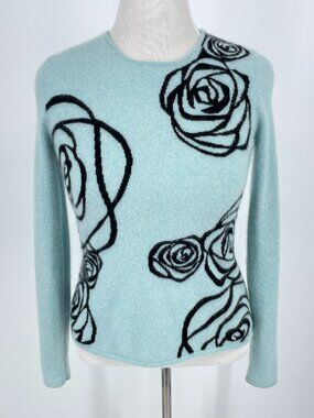 Belford Light Blue 100% Cashmere Black Rose Graphic Floral Sweater Small